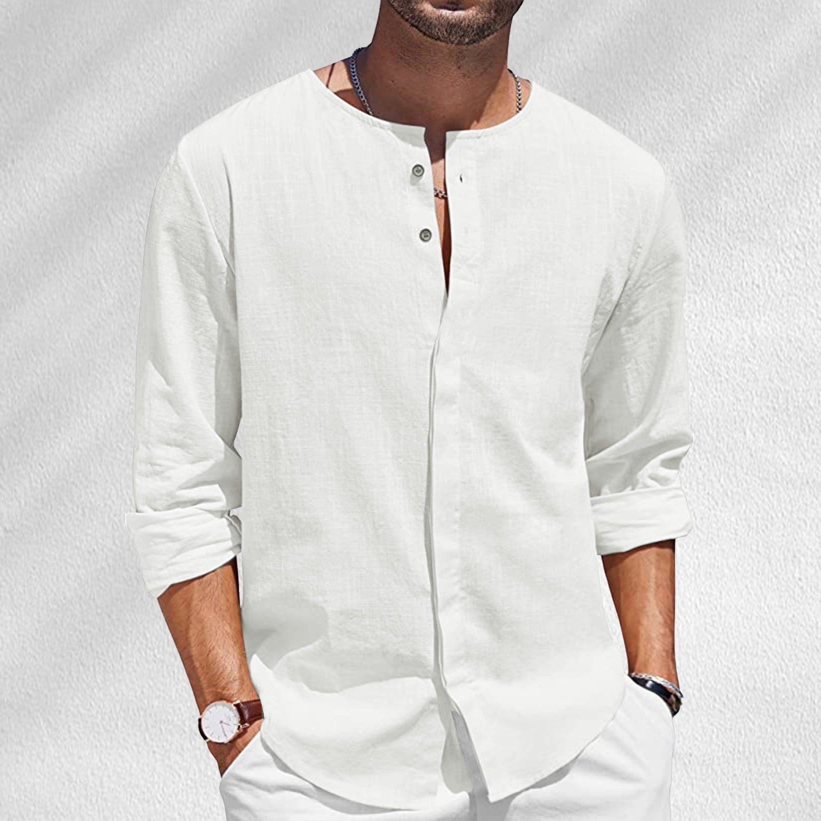 thumbnail image 2 of Camisa informal de playa de manga larga con botones para hombre, de algodón y lino, para el verano - Color liso, corte holgado, para todas las estaciones, 2 of 5